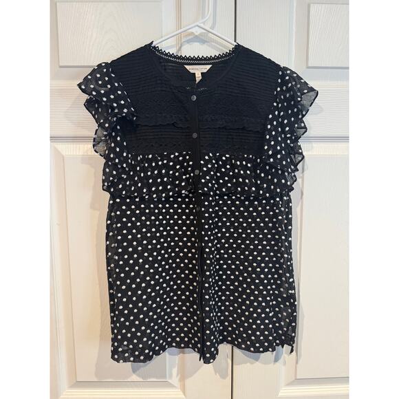 Rebecca Taylor Black & White Polka Dot Ruffle Lace Blouse – Size 12 - Picture 2 of 7